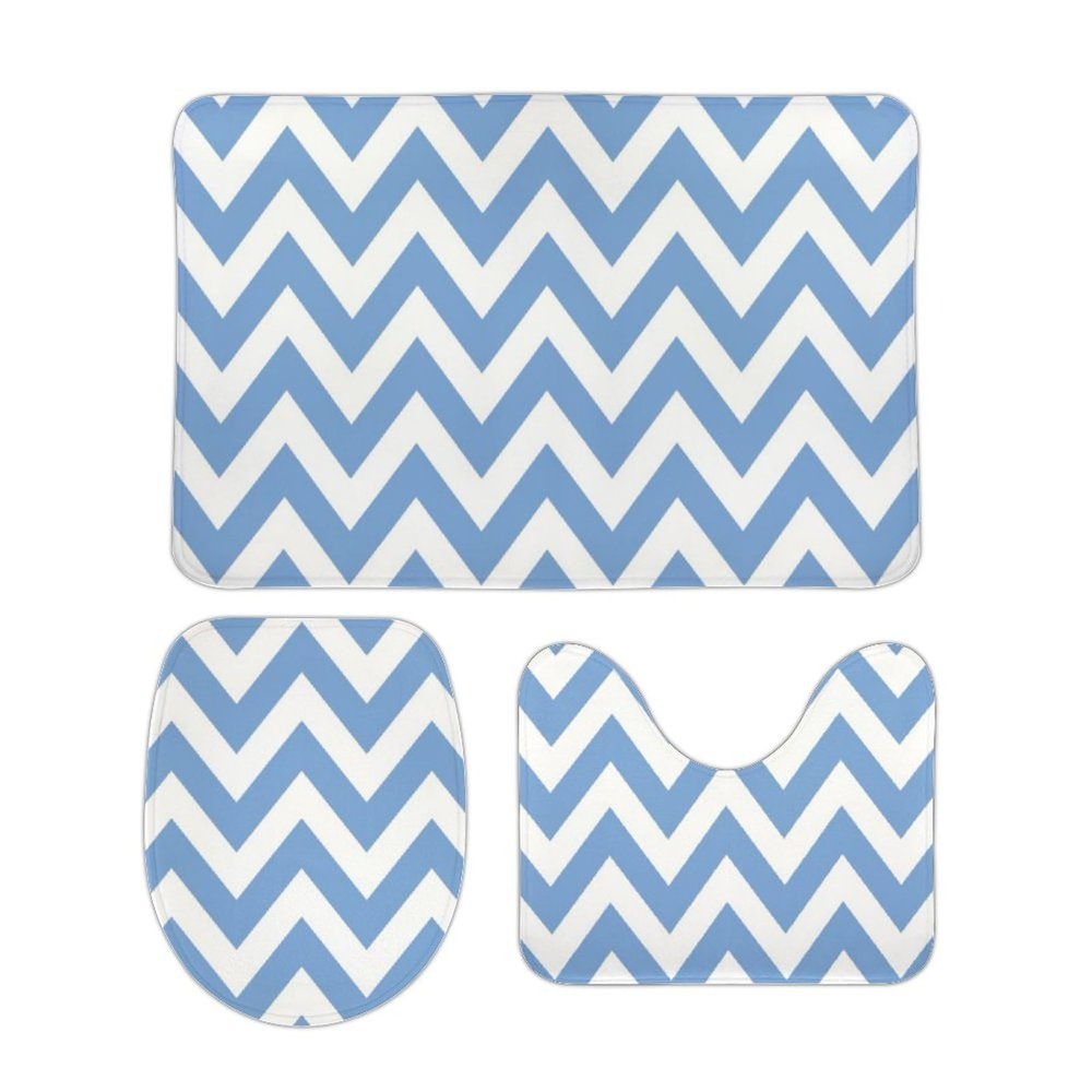 3 Pieces Bath Rug Sets, Blue Chevron Zigzag Pattern Bathroom Rug Set Non Slip & Soft Absorbent Bath Carpet, U Shaped Contour Rug & Toilet Lid Cover