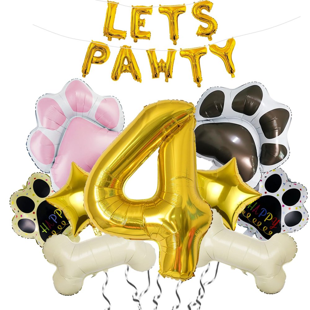 4th Dog Balloons 18pcs Lets Pawty Balloons Paw Birthday Decor Baby Shower 40 inch Gold Number Balloons 4 Mylar Foil Balloon for Lets Pawty Birthday Decorations 4th Birthday Decor Supplies