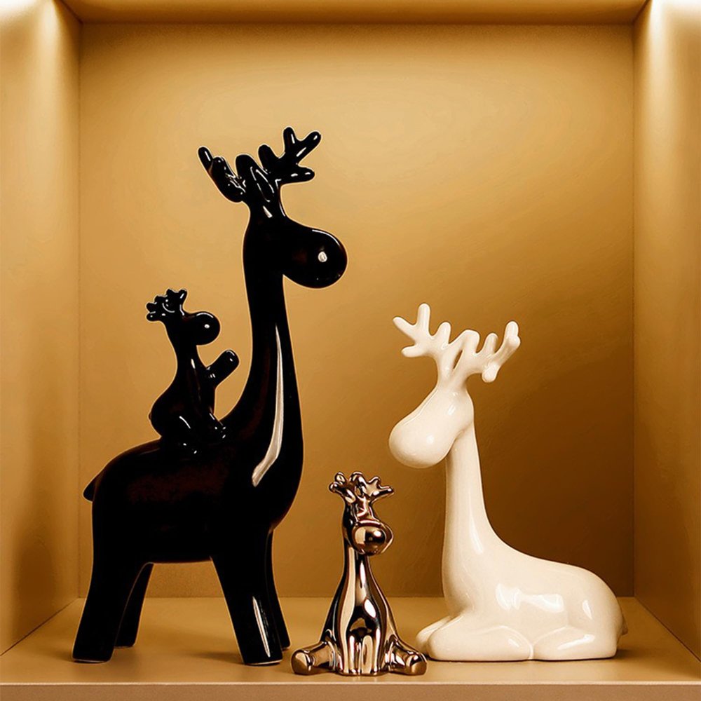 Modern Ceramic Decor Statue Deer Home Decorations for Living Room, Shelf Modern Bookshelf Decor Figurines Desk Sculpture Table Decor 3 Pieces (Black,White and Silver)
