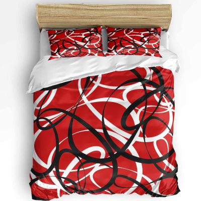 3 Pieces Duvet Cover California King Bedding Sets Abstract Stripe Black White on Red Luxury Soft Comforter Cover with Pillowcases Minimalist Geometric Curve Line Quilt Covers Set for Bedroom Decor