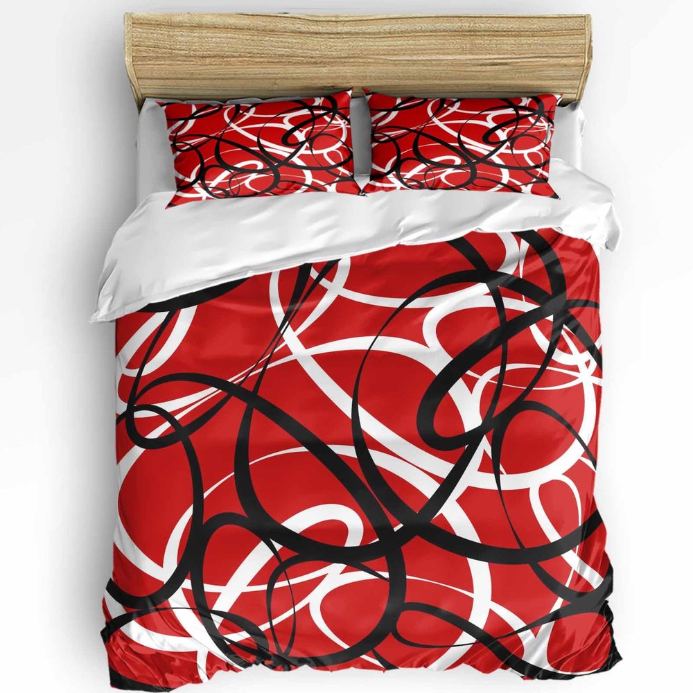 3 Pieces Duvet Cover California King Bedding Sets Abstract Stripe Black White on Red Luxury Soft Comforter Cover with Pillowcases Minimalist Geometric Curve Line Quilt Covers Set for Bedroom Decor