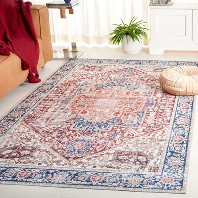 SAFAVIEH Washable Rug Arizona Collection - 4' x 6', Red & Navy, Slip Resistant & Easy to Clean, Ideal for Foyer, Kitchen, Nursery, Office, Bedroom (ARZ109Q)