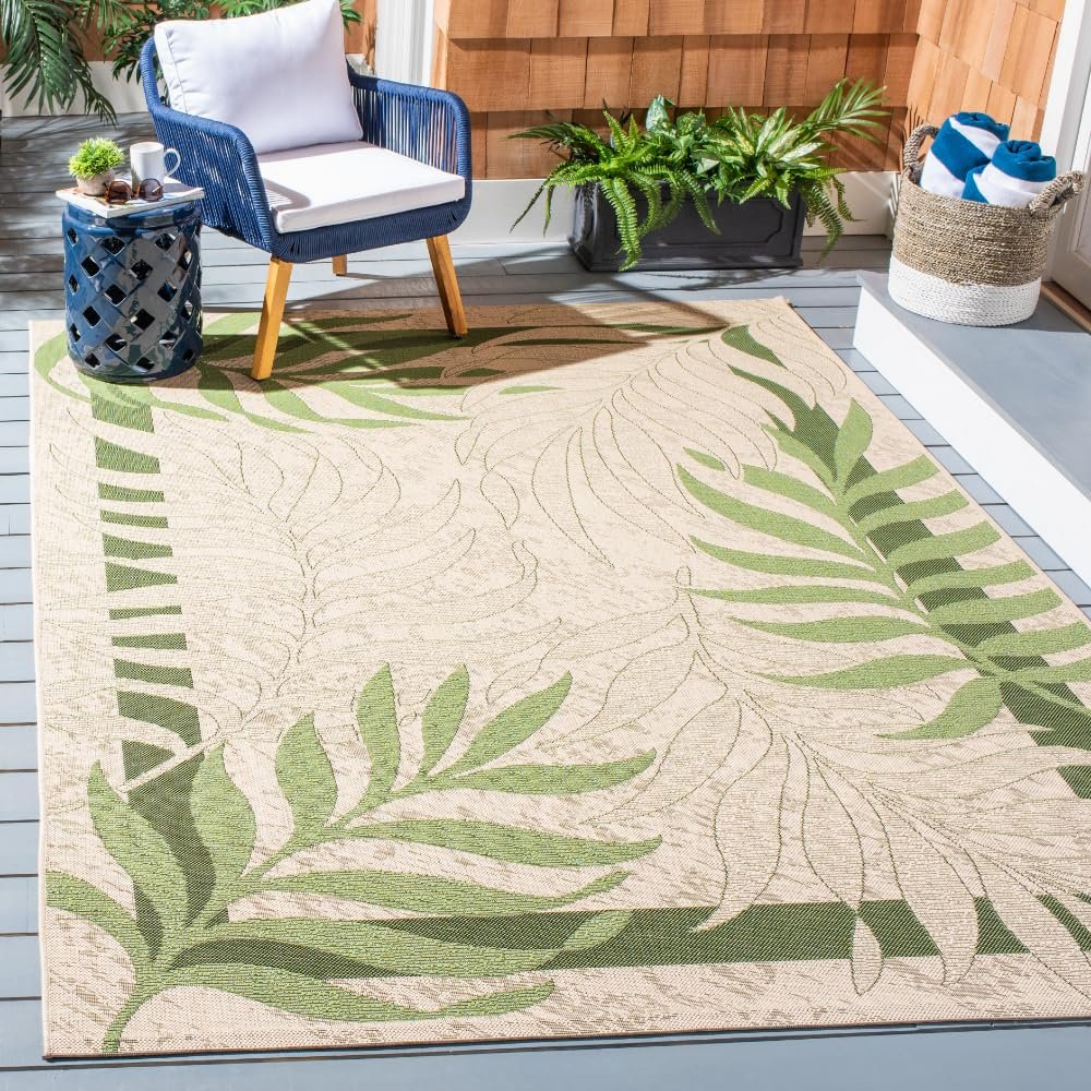SAFAVIEH Washable Rug Outdoor Courtyard Collection - 7'10" Square, Cream & Green, Non-Shedding & Easy Cleaning, Ideal for Patio, Backyard, Mudroom (CY7836-14A5)