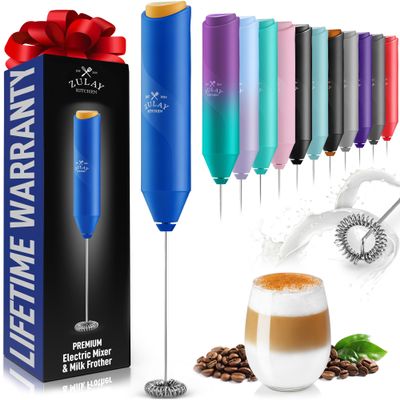 Zulay Kitchen FrothMate Powerful Milk Frother Portable & Compact Handheld Foam Maker Lattes, Cappuccinos (Blue with Gold Button, Froth Mate)