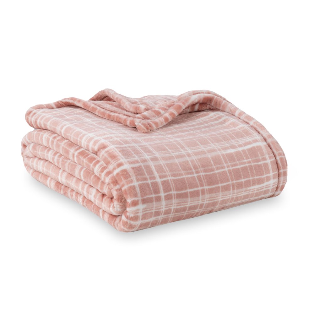 Berkshire Blanket-Classic Heavyweight Soft Printed VelvetLoft Plush Blanket, Full/Queen Size Soft Fuzzy Warm Blanket for Couch Sofa Bed, Watercolor Plaid Blush, 90in x 90in