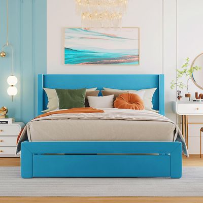 Anwick Full Size Velvet Bed Frame with Storage Drawer, Modern Upholstered Platform Bed with Headboard and Solid Wood Slat Support for Bedroom, Living Room, No Box Spring Needed (Full, Blue)