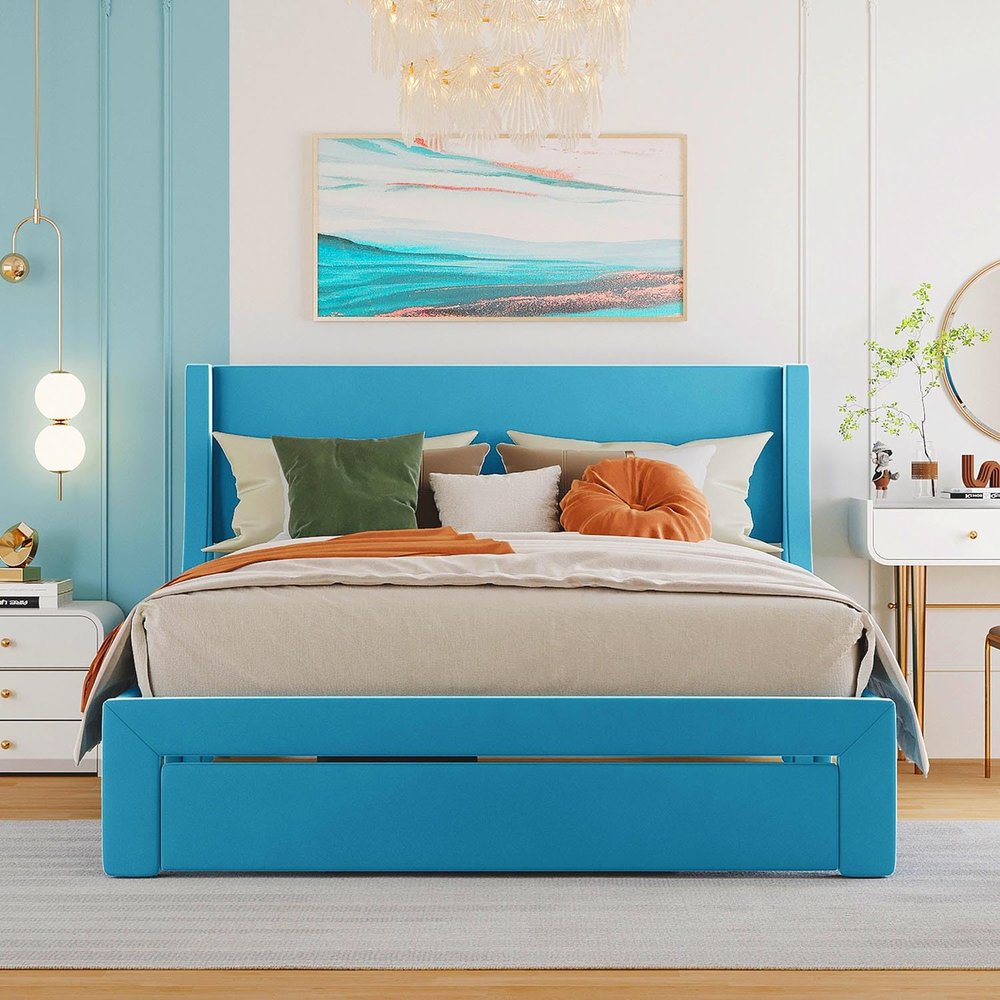 Anwick Full Size Velvet Bed Frame with Storage Drawer, Modern Upholstered Platform Bed with Headboard and Solid Wood Slat Support for Bedroom, Living Room, No Box Spring Needed (Full, Blue)