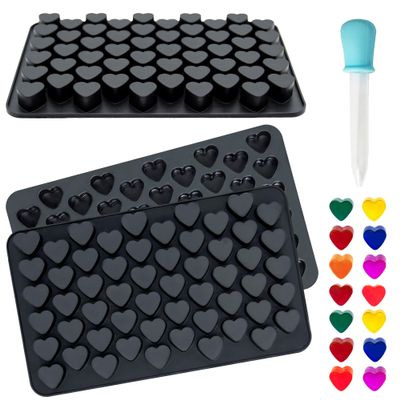 3Pack Heart Silicone Ice Cube Tray Molds Mini Valentine Wax Melt Mold for Baking Chocolate, Gummy, Candy, Jelly, Candle, Handmade Treats with 1Pc Dropper Black