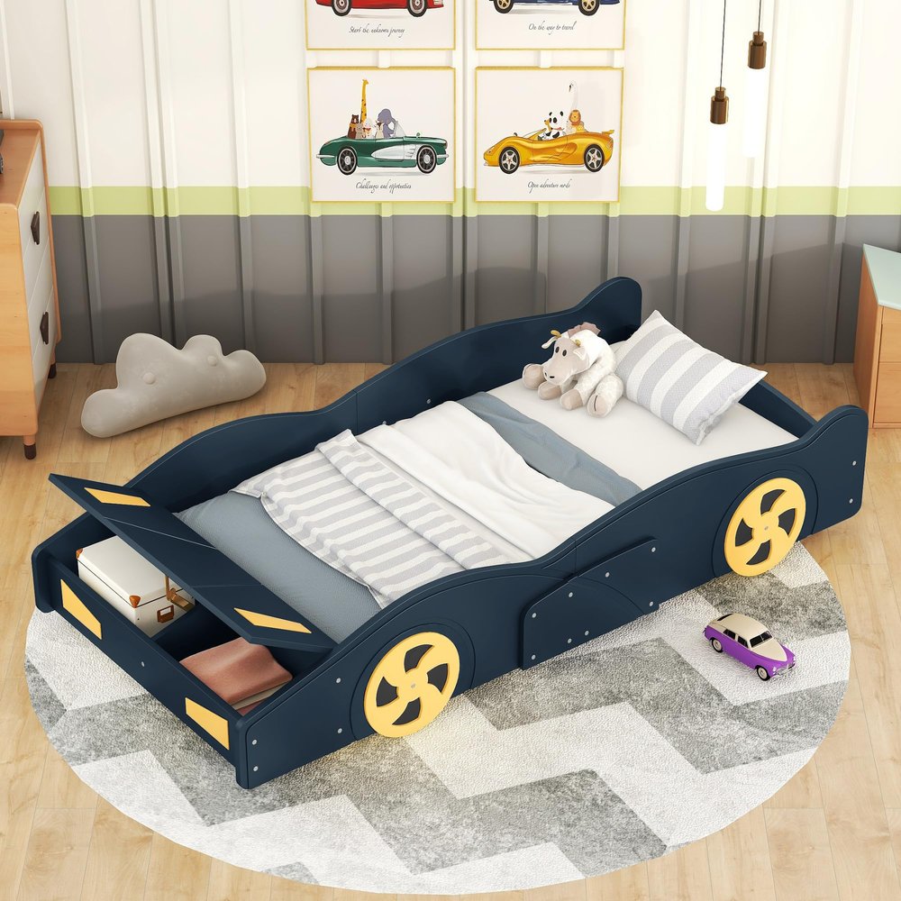 LZ LEISURE ZONE Twin Size Platform Bed, Race Car-Shaped Platform Bed Frame with Storage, Solid Wood Platform Beds with Wheels for Boys Girls Teens, Dark Blue