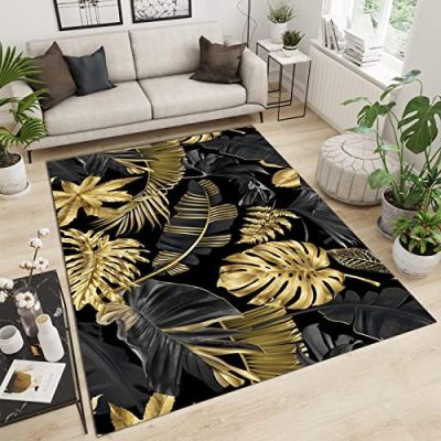 Light Luxury Black and Gold Leaf Kids Rug, Tropical Plants Indoor Floor Rug, Carpet Low Pile Machine Washable Comfortable Durable for Bedroom Living Room Hotel Study Office 6ftx8ft