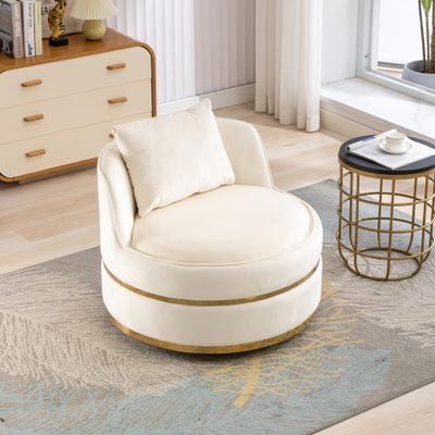 360 Degree Swivel Accent Chair Velvet, Modern Upholstered Barrel Chair Over-Sized Soft Chair with Seat Cushion, Small Round Swivel Barrel Chair for Living Room, Bedroom, Office, Apartment (Beige-HH2)