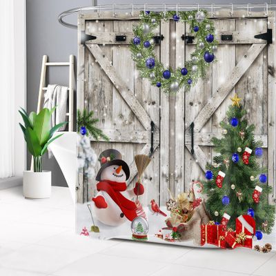 HVEST Farmhouse Christmas Shower Curtain for Bathroom,Snowman Blue Xmas Ball and Pine Tree on Barn Door Shower Curtain with Hooks,Snow Winter Shower Curtain Set Bathroom Decorations, 78L x 72W inches