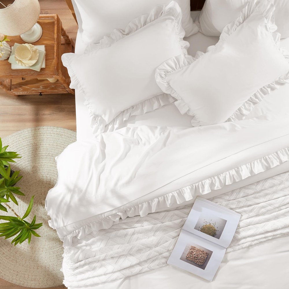 Anluoer Queen Comforter Set 7 Piece, White Bed in a Bag with Sheets, All Season Ruffle Shabby Chic Bedding Sets with 1 Comforter, 2 Pillow Shams, 2 Pillowcases, 1 Flat Sheet, 1 Fitted Sheet