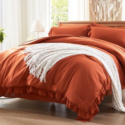 Anluoer Full Comforter Set 7 Piece, Burnt Orange Bed in a Bag with Sheets, All Season Ruffle Shabby Chic Bedding Sets with 1 Comforter, 2 Pillow Shams, 2 Pillowcases, 1 Flat Sheet, 1 Fitted Sheet