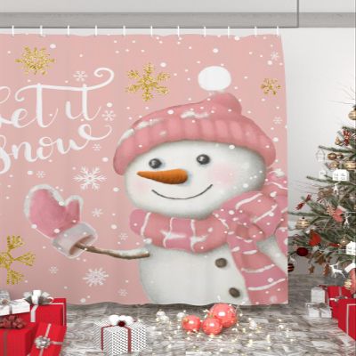 Christmas Fabric Shower Curtain, Hot Pink Cartoon Snowman Snowflake Waterproof Shower Curtain Set with 12 Hooks Let It Snow Bathroom Curtains for Farmhouse Dorm Home Hotel Holiday Decor, 72"W x 96"L