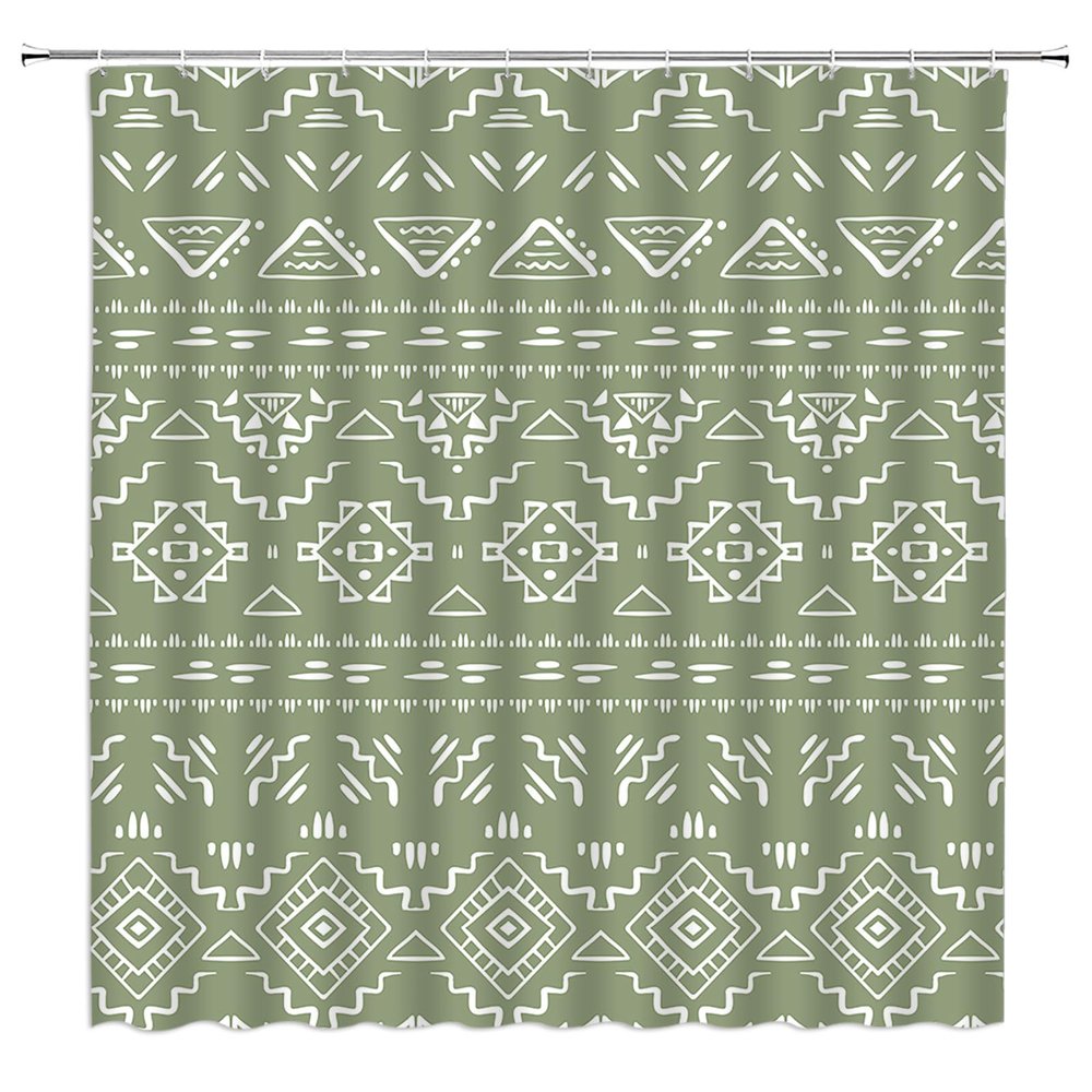 ABONAN Boho Geometric Shower Curtain Sage Green Modern Farmhouse Tribal Retro Western Aztec Abstract Mid Century Art Fabric Bathroom Curtains Decor Set with Hook(67" Wx70 H)