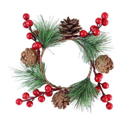 ZHDOKA Christmas Pine Cone Candle Ring, 3.5 inch Red Berries Candle Wreath Ring Mini Window Wreath, Xmas Candle Holder Ring with Pine Needle Leaves for Christmas Holiday Winter Decoration(Multicolor)