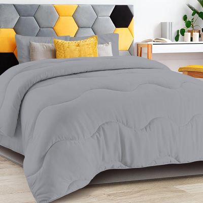 5 PC Wavy Stitching Comforter Lightweight Silver, Soft Breathable All Season Full/Queen Size, Duvet Insert, Winter Warm Microfiber Down Alternative Quilt with Corner Tabs - 90x90 inch