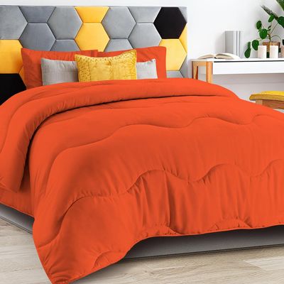 3 PC Wavy Stitching Comforter Lightweight Orange, Soft Breathable All Season Full/Queen Size, Duvet Insert, Winter Warm Microfiber Down Alternative Quilt with Corner Tabs - 90x90 inch