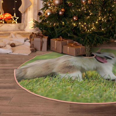 EVANEM 48" Christmas Tree Skirt Corgi Puppy Christmas Tree Decorations Linen Waterproof Xmas Tree Mat with Pom Pom Trim for Holiday Christmas Party Rustic Farmhouse Decorations