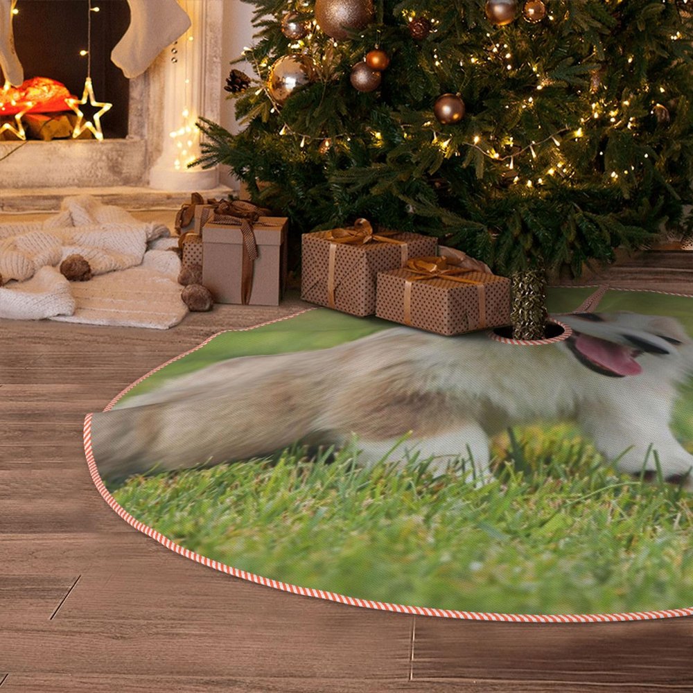 EVANEM 48" Christmas Tree Skirt Corgi Puppy Christmas Tree Decorations Linen Waterproof Xmas Tree Mat with Pom Pom Trim for Holiday Christmas Party Rustic Farmhouse Decorations