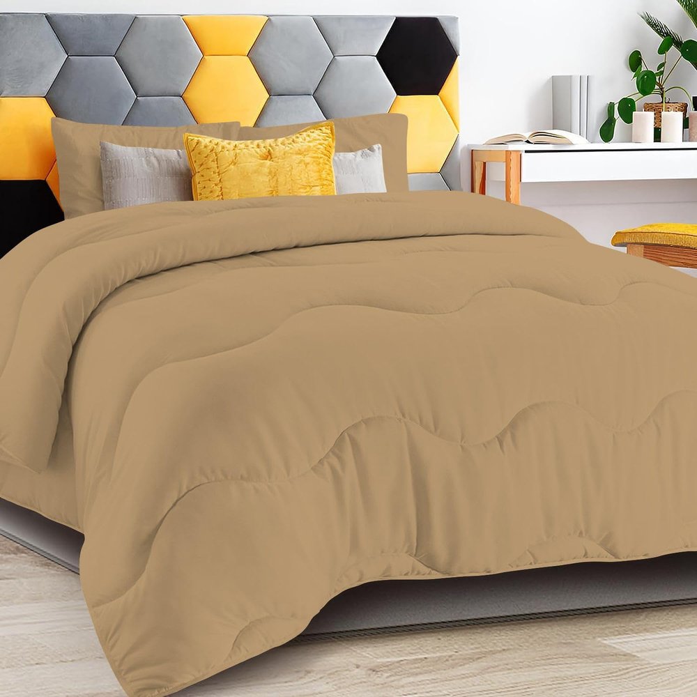 3 PC Wavy Stitching Comforter Lightweight Taupe, Soft Breathable All Season Twin/TwinXL Size, Duvet Insert, Winter Warm Microfiber Down Alternative Quilt with Corner Tabs - 69x90 inch