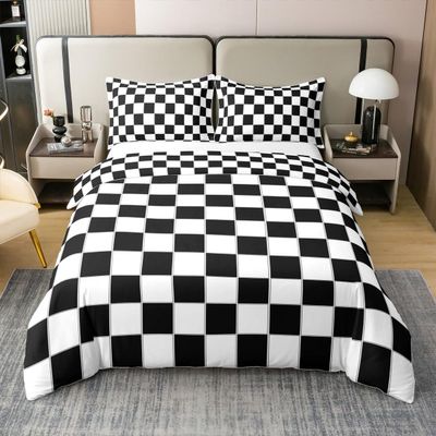 100% Natural Cotton Grid Duvet Cover Full, Black And White Checkered Bedding Set, Farmhouse Buffalo Plaid Comforter Cover for For Kids Teens Adults, Geometric Gingham Checkerboard Quilt Cover