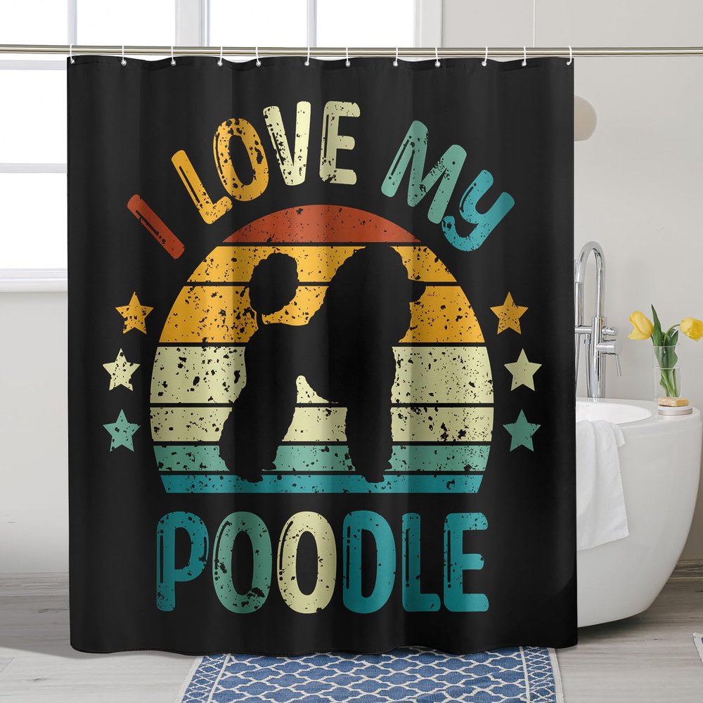 GDHBLING Poodle Shower Curtain Minimalist Cartoon Dog Cute Shower Curtain for Walk in Shower Cloth Fabric Bathroom Decor Washable Weighted,Black,72x72 Inch