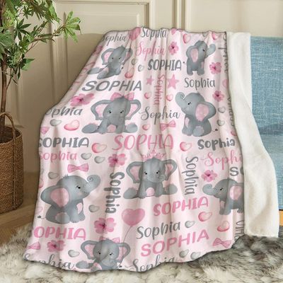Ottoy Custom Elephants Personalized Baby Blanket with Name Custom Elephants Blanket Gifts for Girls Boy Super Soft Blankets for Couch Air-Conditioning Quilts Chirstmas Gifts Decor 120"x90" for Family