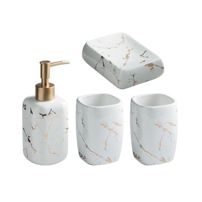 AOPPLSOT Seifenspender Set Bad, Keramik Badaccessoires Set, 4 Teiliges Modernes Badezimmerzubehr, Seifenspender, 2Er Zahnputzbecher, Runde Seifenschale, Marmor-Optik, Wei,Lotion Set