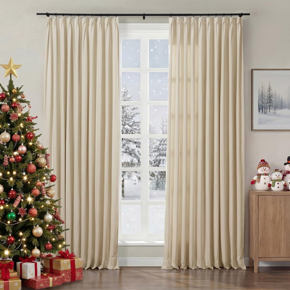 ChadMade Luxury Lined Curtain 96 Inch Length Pinch Pleat Privacy Window Treatment, Heavyweight Velvet Drape Solid Light Blocking Curtain for Kitchen (27" W x 96" L, 1 Panel, Beige)
