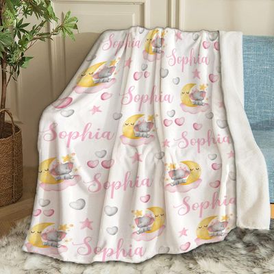 Ottoy Cute Elephants Personalized Baby Blanket with Name Custom Elephants Blanket Gifts for Girls Boy Super Soft Blankets for Couch Air-Conditioning Quilts Chirstmas Gifts Decor 120"x90" for Family
