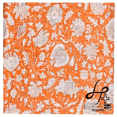 Handicrafts Plus Handmade Blanket Ethnic Cotton Kantha Quilt King/Queen Size Throw Orange Bedcover Traditional Coverlet Cotton Bedspread 90X108 Ralli