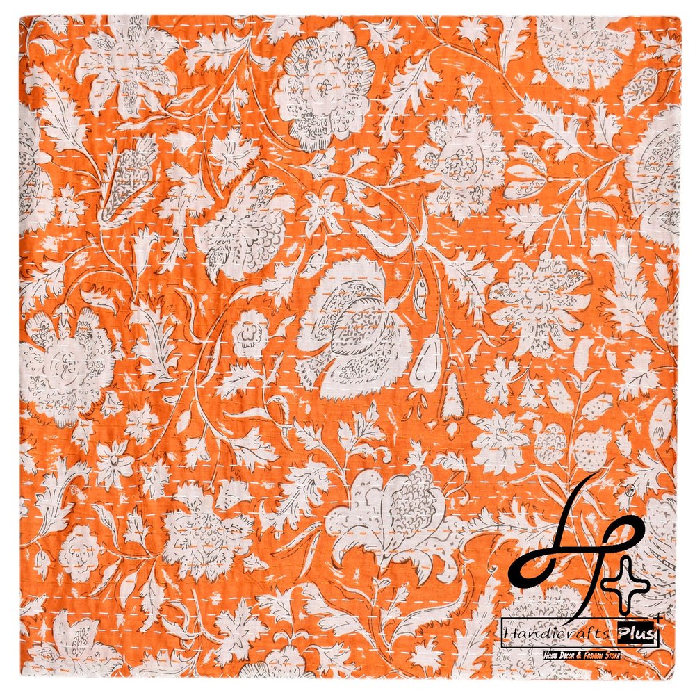 Handicrafts Plus Handmade Blanket Ethnic Cotton Kantha Quilt King/Queen Size Throw Orange Bedcover Traditional Coverlet Cotton Bedspread 90X108 Ralli