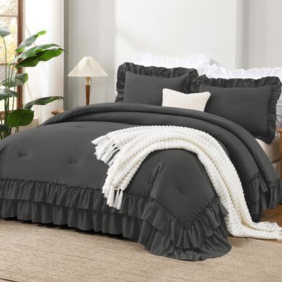 Andency Dark Grey Twin Size Comforter Set(66x90Inch), 2 Pieces(1 Ruffle Comforter and 1 Pillowcase) Lightweight Fluffy Bedding Comforter Sets, All Season Soft Microfiber Bedding Set