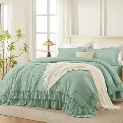 Andency Sage Green Full Size Comforter Set, 3 Pieces Farmhouse Shabby Chic Ruffle Bedding Comforter Sets, Lightweight Fluffy All Season Soft Microfiber Boho Bed Set(79x90Inch)