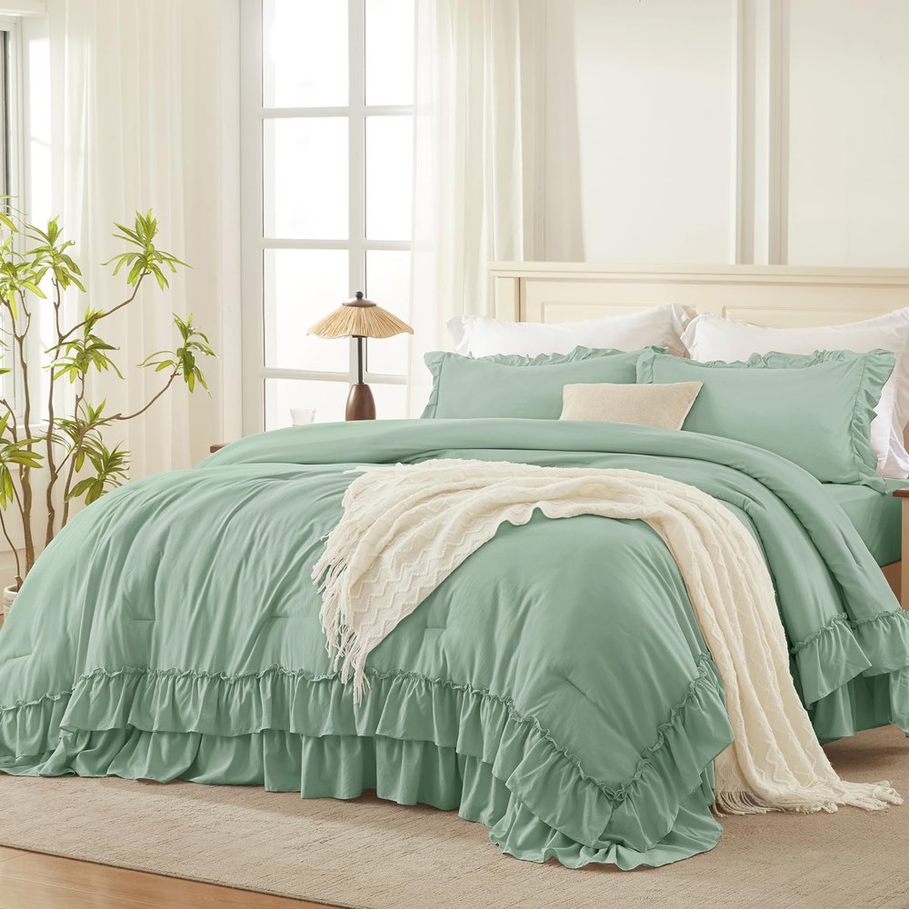 Andency Sage Green Full Size Comforter Set, 3 Pieces Farmhouse Shabby Chic Ruffle Bedding Comforter Sets, Lightweight Fluffy All Season Soft Microfiber Boho Bed Set(79x90Inch)