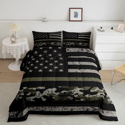 Erosebridal American Flag Comforter for Teen Youth Camo Bedding Twin Comforter Set for Boys Camouflage Print Bedding Comforter Sets, USA Flag Duvet Insert with 1 Pillowcase - Black Green Camo