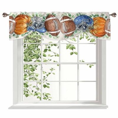 AMZRicher Fall Pumpkins Tie Up Valance for Window, Autumn Football Blue Baseball Eucalyptus Adjustable Balloon Window Shade Valance Curtain for Kitchen Cafe Bathroom Window Treatment 1 Panel 42x18