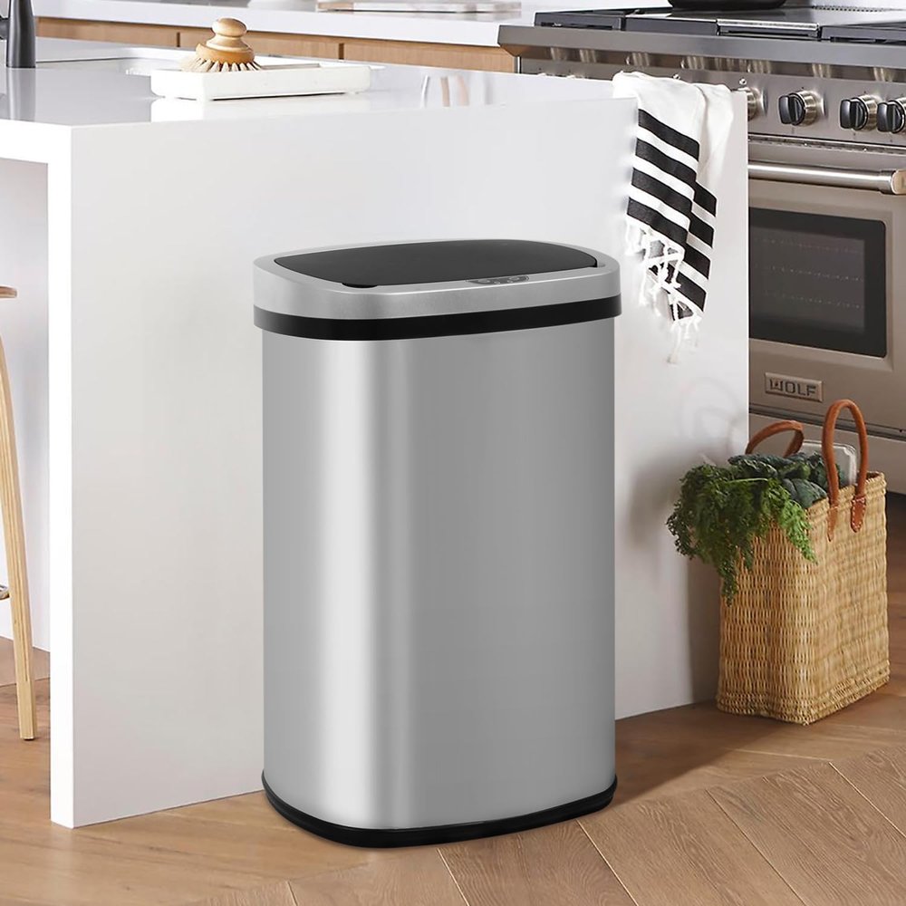 24/7 Shop at Home Freeway 13 Gallon Metal Household Trash Can Motion Sensor Lid for Kitchen, Silver