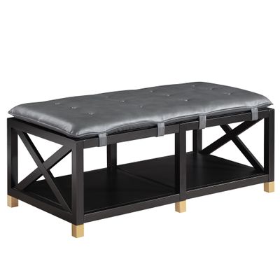 24/7 Shop at Home Galadriel Farmhouse Wood Storage Bench with Removable Cushion for Entryway, Bedroom, Living Room, Dining Room, Home Office, Pewter Gray and Black