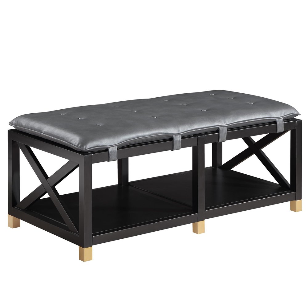 24/7 Shop at Home Galadriel Farmhouse Wood Storage Bench with Removable Cushion for Entryway, Bedroom, Living Room, Dining Room, Home Office, Pewter Gray and Black