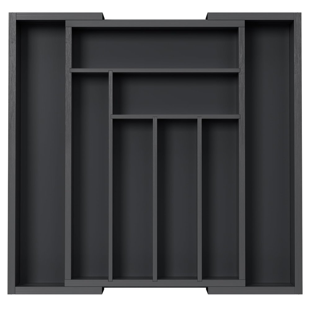 Pipishell Bamboo Expandable Drawer Organizer for Utensils Holder, Adjustable Cutlery Tray, Wood Drawer Dividers Organizer for Silverware, Flatware, Knives in Kitchen, Bedroom, Living Room(M-Black)