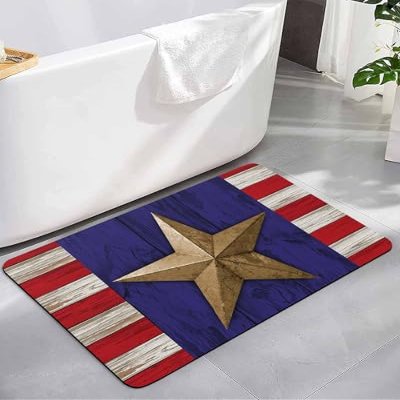 4th of July Diatomite Bath Mat for Bathroom, Super Absorbent Floor Mat Washable Quick Drying Diatomaceous Mat for Bathroom Shower Sink Runner Rugs 20x32 American Star Red Striped Wood Independence Day