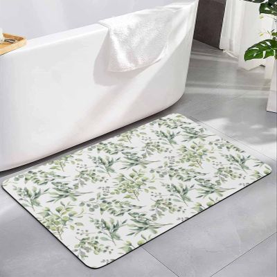 Eucalyptus Leaves Diatomite Bath Mat for Bathroom, Super Absorbent Floor Mat Washable Quick Drying Diatomaceous Mat for Bathroom Shower Sink Runner Rugs 24x36 Spring Floral Summer Teal Botanical