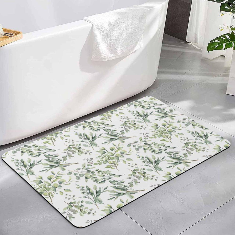 Eucalyptus Leaves Diatomite Bath Mat for Bathroom, Super Absorbent Floor Mat Washable Quick Drying Diatomaceous Mat for Bathroom Shower Sink Runner Rugs 24x36 Spring Floral Summer Teal Botanical