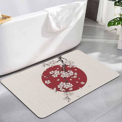 Cherry Blossoms Diatomite Bath Mat for Bathroom, Super Absorbent Floor Mat Washable Quick Drying Diatomaceous Mat for Bathroom Shower Sink Floor Runner Rugs 20x32 Farmhouse Spring Floral Red Sun