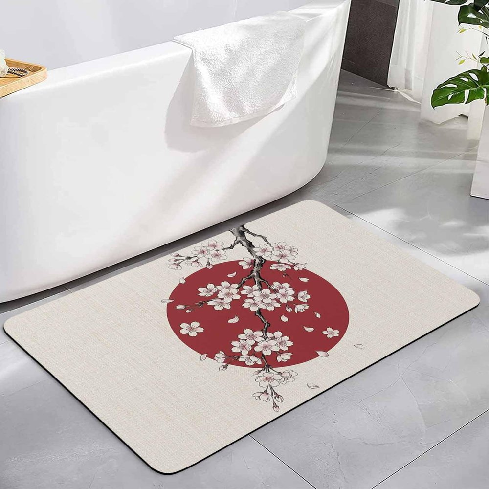 Cherry Blossoms Diatomite Bath Mat for Bathroom, Super Absorbent Floor Mat Washable Quick Drying Diatomaceous Mat for Bathroom Shower Sink Floor Runner Rugs 20x32 Farmhouse Spring Floral Red Sun