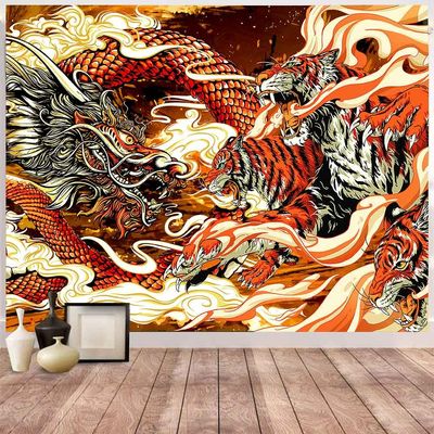 Aidatain Japanese Dragon Tiger Fighting Wall Tapestry Fantasy Mythology Animal Theme Art Wall Hanging Tapestry Flannel Fabric 100" L x 90" W for Living Room Bedroom Dorm GTZYAT418