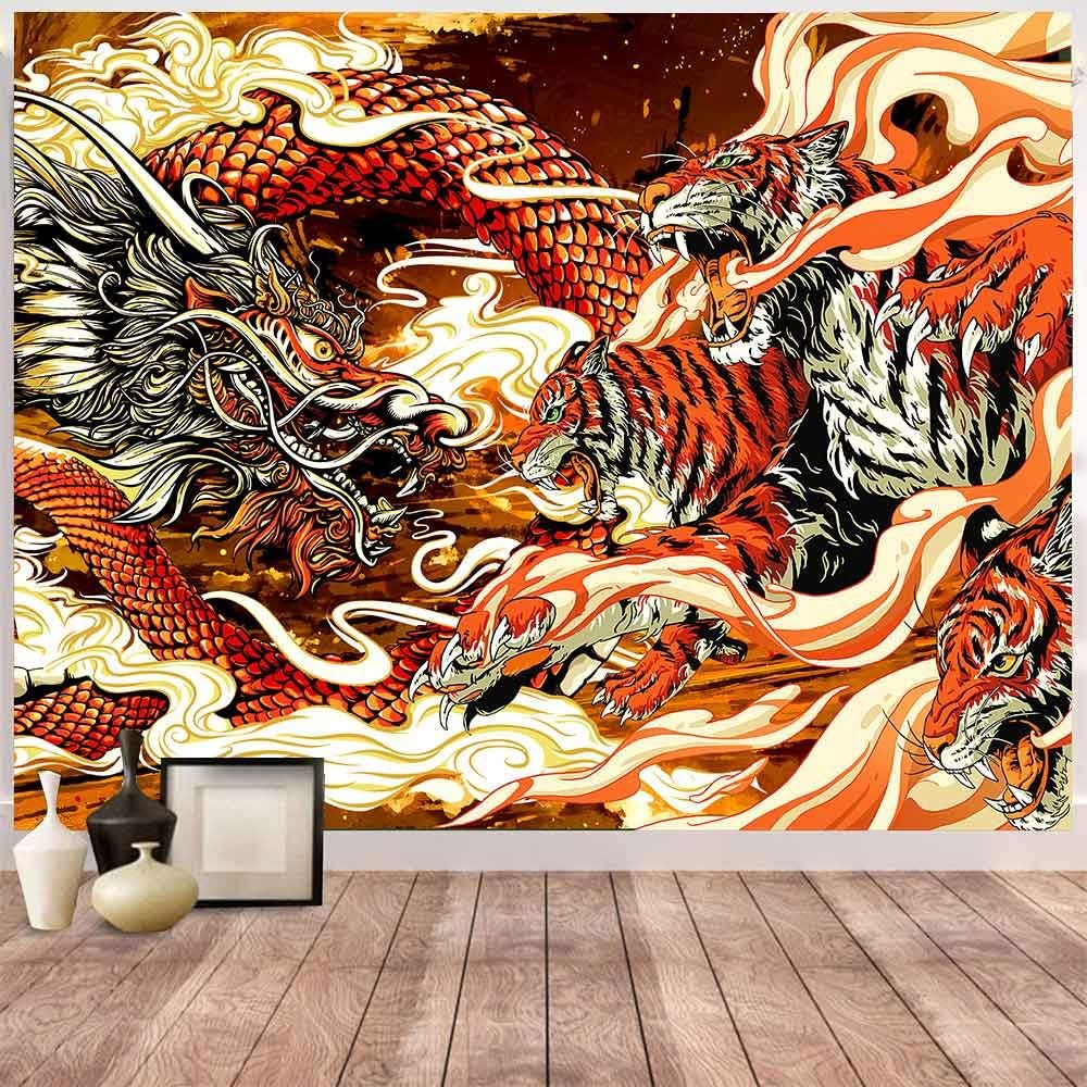 Aidatain Japanese Dragon Tiger Fighting Wall Tapestry Fantasy Mythology Animal Theme Art Wall Hanging Tapestry Flannel Fabric 100" L x 90" W for Living Room Bedroom Dorm GTZYAT418